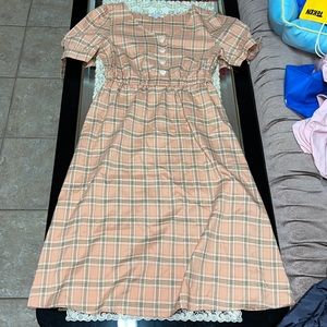 Cache Cache tan plaid midi dress with short sleeves